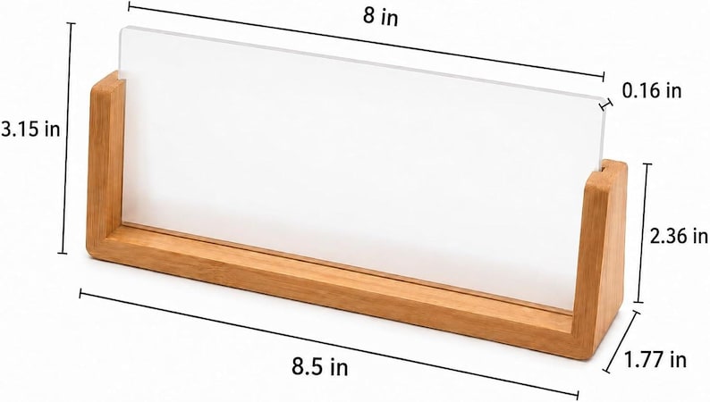LED nameplate dimensions: 8 inch acrylic insert, 8.5 inch base, 3.15 inch height