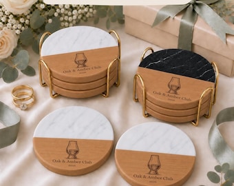 Bourbon Tasting Club Coasters, Personalized Marble and Wood, Custom Engraved Gift Set