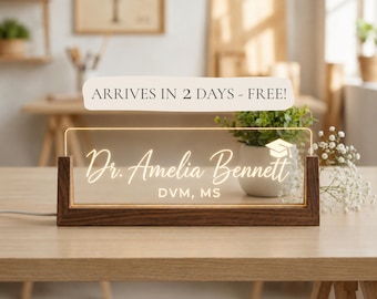 Walnut or Beech Doctor Name Plate, Personalized LED Physician Desk Sign, Medical Office Gift