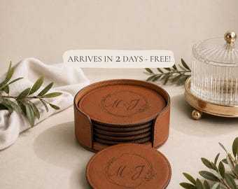 Personalized Leatherette Coasters, 3rd Anniversary Gift, Custom Engraved Coaster Set with Optional Holder