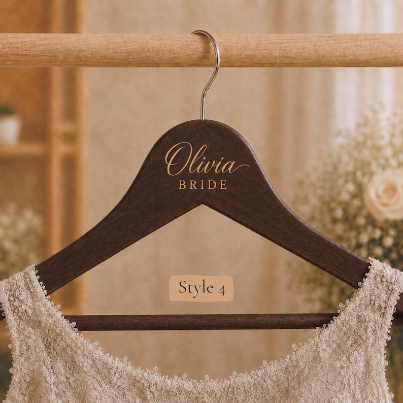 May include: A dark brown wooden clothes hanger with a silver metal hook. The hanger features the gold text Olivia and BRIDE in a script and sans-serif font. A beige rectangular label with the text Style 4 is visible below the hanger.