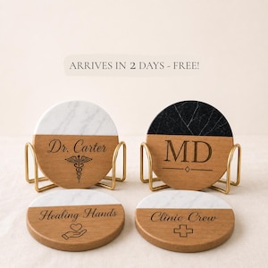 Personalized Doctor Coasters, Marble and Wood Medical Office Gift, Custom Physician Coaster Set