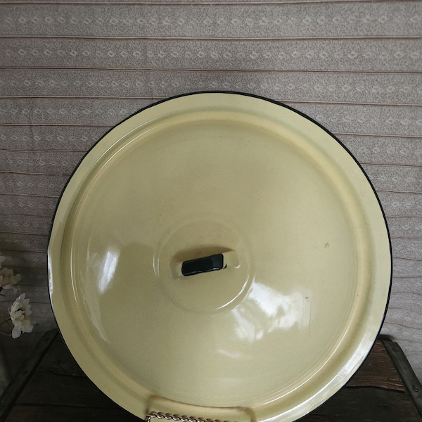 Vintage 12" yellow with black trim enamel pot lid