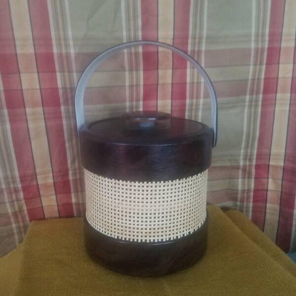 Vintage 1970s faux leather and basket weave icebucket