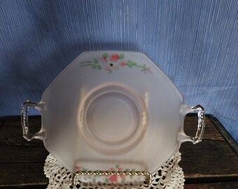 Hand painted pink satin glass double handle serving plate