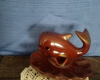 Vintage brown glaze whale ashtray