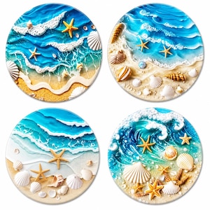 May include: A set of four circular coasters featuring a textured ocean scene with blue waves, white sea foam, sandy beaches, and various seashells and yellow starfish. Each coaster displays a unique arrangement of marine elements and water.