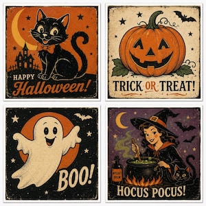 May include: Four square Halloween-themed wall art prints. One shows a black cat with the text Happy Halloween. Another features a jack-o'-lantern with the text Trick or Treat. A third displays a ghost with the text Boo. The fourth shows a witch stirring a cauldron with the text Hocus Pocus.