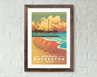 May include: A vintage-style travel poster with a sunset scene of Galveston, Texas. The poster features a beach with colorful umbrellas, a pier with a Ferris wheel, and the text "Hit the Beach in GALVESTON TEXAS".