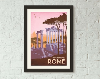 Puede incluir: Un cartel de viaje vintage con un fondo de puesta de sol rosa y naranja. El cartel presenta una silueta de ruinas romanas antiguas con árboles y pájaros en el cielo. El texto en el cartel dice "La Città Eterna ROME".