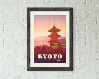 May include: A vintage travel poster featuring a red pagoda with a golden roof against a pink and orange sunset sky. The text "KYOTO JAPAN" is printed below the pagoda.