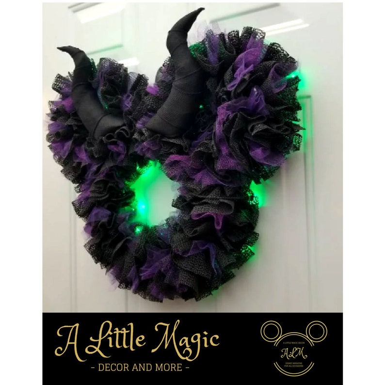 16or 22 Maleficent Light Up Pixie Dust Mickey & Minnie Villain Halloween Wreath Battery Powered LED Lights Black, Purple, and Green image 7