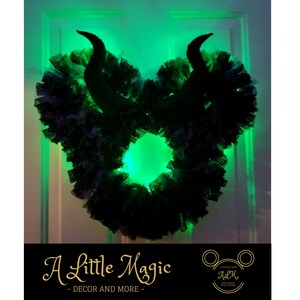 16or 22 Maleficent Light Up Pixie Dust Mickey & Minnie Villain Halloween Wreath Battery Powered LED Lights Black, Purple, and Green image 2