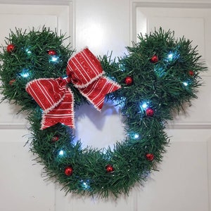Mickey & Minnie Christmas Tree Wreath - LED Lights Wrapped Around Tinsel with Ornaments - Perfect Mouse Decor for Christmas Holiday Season