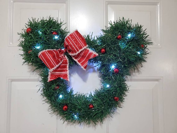 Mickey & Minnie Christmas Tree Wreath - LED Lights Wrapped Around Tinsel with Ornaments - Perfect Mouse Decor for Christmas Holiday Season