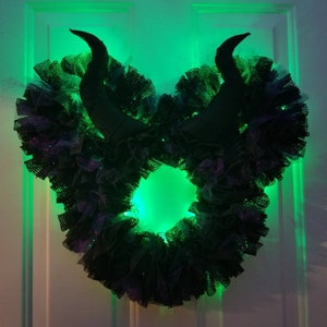 16or 22 Maleficent Light Up Pixie Dust Mickey & Minnie Villain Halloween Wreath Battery Powered LED Lights Black, Purple, and Green image 1