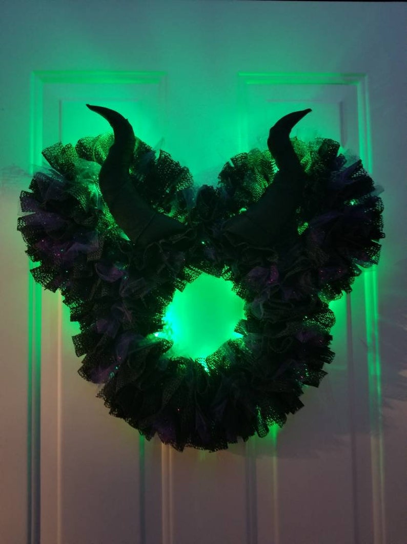 16or 22 Maleficent Light Up Pixie Dust Mickey & Minnie Villain Halloween Wreath Battery Powered LED Lights Black, Purple, and Green image 1