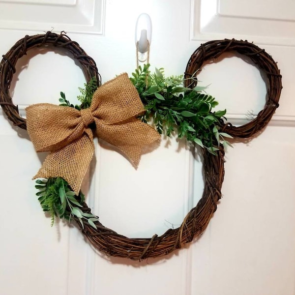 Mickey Wreath: Farmhouse Burlap Bow, Greenery Grapevine Wreath - Spring, Fall, Housewarming, Minnie Gift