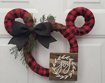 Pixie Dust - Mickey & Minnie Farmhouse Buffalo Plaid Christmas Holiday Wreath - Great Mouse Gift and Door Hanger Decor