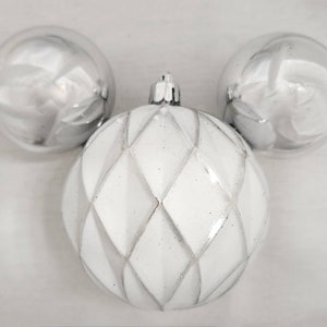 Minnie or Mickey Shaped Shatterproof Christmas Tree Ornaments / Decoration - Shiny Silver and Snowy White Mouse