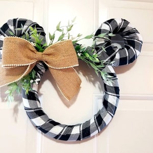 Pixie Dust - Mickey & Minnie Country Farmhouse Wreath -White /Black Buffalo Plaid with Bead Burlap Ribbon - Spring, Fall, Housewarming, Gift