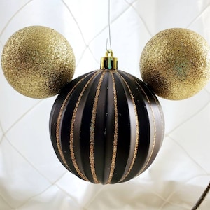 Pixie Dust - Mickey & Minnie Shaped Shatterproof Christmas Tree Ornaments / Decoration - Matte Black and Gold Glitter Ornament