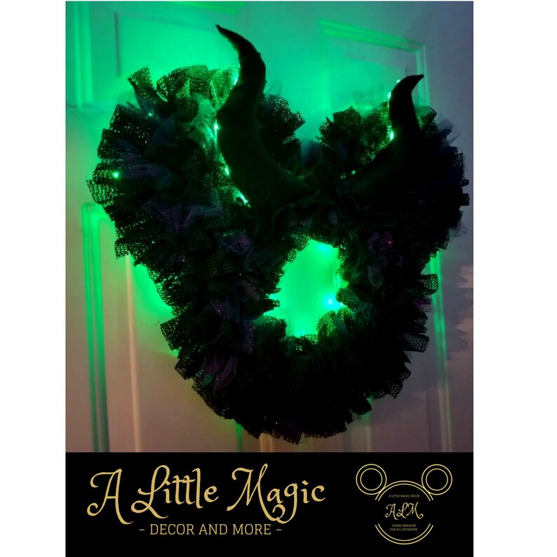 16or 22 Maleficent Light Up Pixie Dust Mickey & Minnie Villain Halloween Wreath Battery Powered LED Lights Black, Purple, and Green image 4