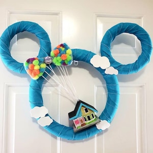 Pixie Dust - Mickey & Minnie Up Themed Large 24&quot; Wreath With Balloon Bow, Carl&#39;s House, and Grape Soda Pin, Wedding, Housewarming, Gift