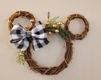 Small Mickey Christmas Wreath: Buffalo Plaid Bow, Gold Accents (9" x 7") - Holiday Farmhouse Country Decoration Gift