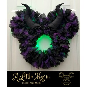 16or 22 Maleficent Light Up Pixie Dust Mickey & Minnie Villain Halloween Wreath Battery Powered LED Lights Black, Purple, and Green image 6