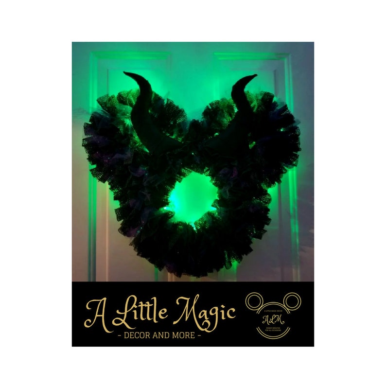 16or 22 Maleficent Light Up Pixie Dust Mickey & Minnie Villain Halloween Wreath Battery Powered LED Lights Black, Purple, and Green image 3