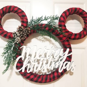 Pixie Dust - Mickey & Minnie Buffalo Plaid Christmas Farmhouse Wreath / Holiday Door Hanger Decor