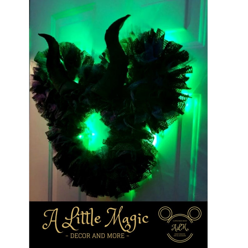 16or 22 Maleficent Light Up Pixie Dust Mickey & Minnie Villain Halloween Wreath Battery Powered LED Lights Black, Purple, and Green image 5