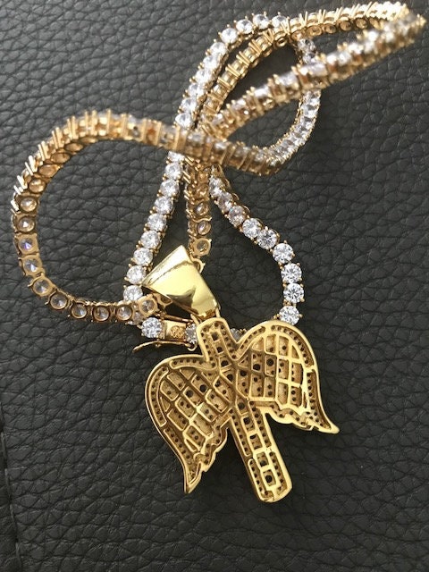 Iced out 18K Gold Plated Tennis Chain with cross with wings | Etsy