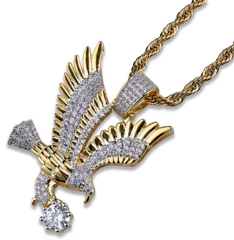 18K Gold Plated iced out eagle pendant with rope chain Etsy