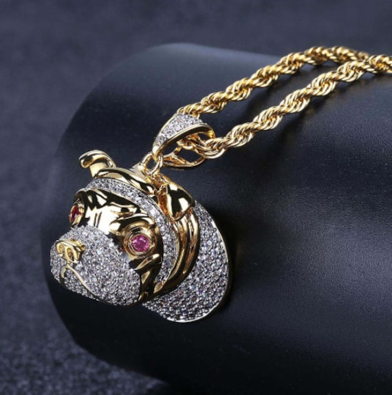 14K Yellow Gold Bulldog Charm Pendant with 1.8mm Singapore Chain Necklace