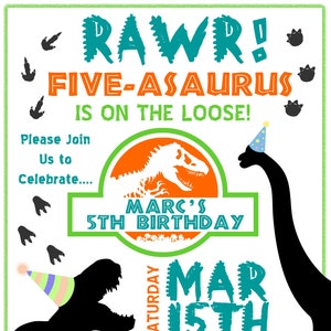 Dinosaur Birthday Invitation, Five-asaurus on the loose, Boy or Girl 5 year old Birthday Invitation