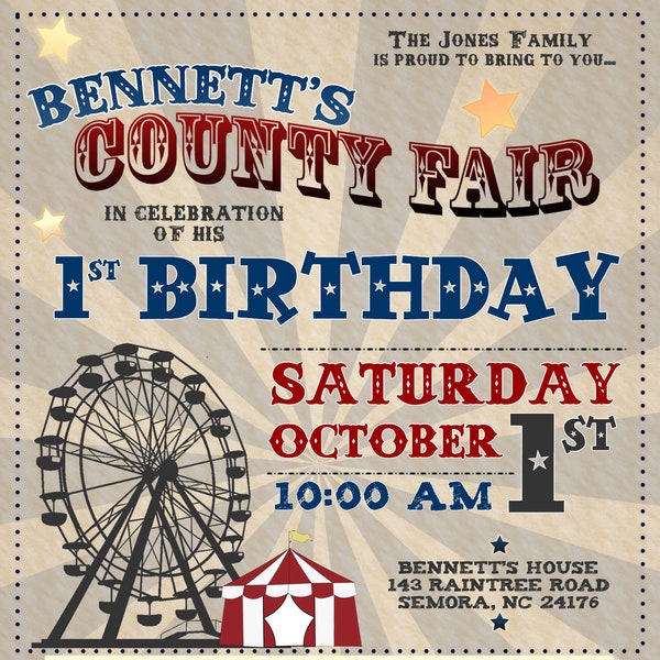 County Fair Birthday Invitation, Boys 1 year old Birthday Invitation, Girls 1 year old birthday invitation