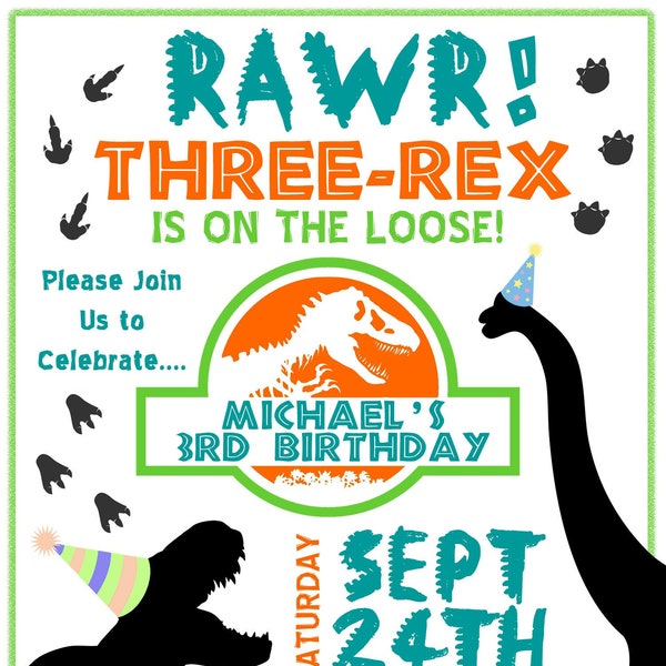 Dinosaur Birthday Invitation, Three-rex on the loose, Boy or Girl 3 year old Birthday Invitation