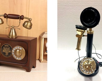 Brown Antique Brass Western Box Telephone & Vintage Antique Look Brass Candlestick Telephone