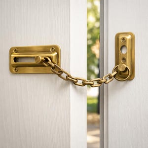 Może przedstawiać: Mosiężny łańcuch zabezpieczający do drzwi zamontowany na białych drzwiach. Okucie składa się z prostokątnej płytki montażowej z przesuwną szyną, metalowego łańcucha oraz okrągłej płytki odbiorczej mocującej koniec łańcucha do ościeżnicy.