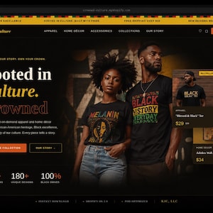 May include: Website homepage for Crowned Culture, featuring apparel and home decor celebrating African American heritage. The site showcases a black t-shirt with "Melanin" and another with "Black History Everyday" printed on it. The site also displays "Shop Now" and "Shop the Collection" buttons.