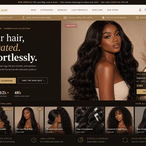 以下が含まれることがあります： Strands Luxeのウェブサイトのホームページ。ウィッグやエクステンションなどのヘア製品を紹介しています。長い黒髪のモデルが特徴です。「Your hair, elevated. Effortlessly.」と「Shop Wigs & Extensions.」というテキストが含まれています。