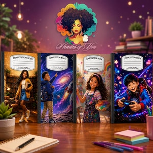 May include: Four composition books with black spines and illustrated covers. The covers feature a girl in a library, a boy in space, a girl painting, and a boy gaming. Each book has a white label with the text COMPOSITION BOOK, 100 Sheets, 200 Pages, 9.75 in x 7.5 in (24.7 cm x 19 cm).