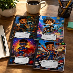 May include: Four composition books featuring cartoon illustrations of children as a robot engineer, a skateboarder, a superhero, and a race car driver. Each notebook cover displays the text COMPOSITION BOOK, 100 Sheets, 200 Pages, and 9 3/4 in x 7 1/2 in.
