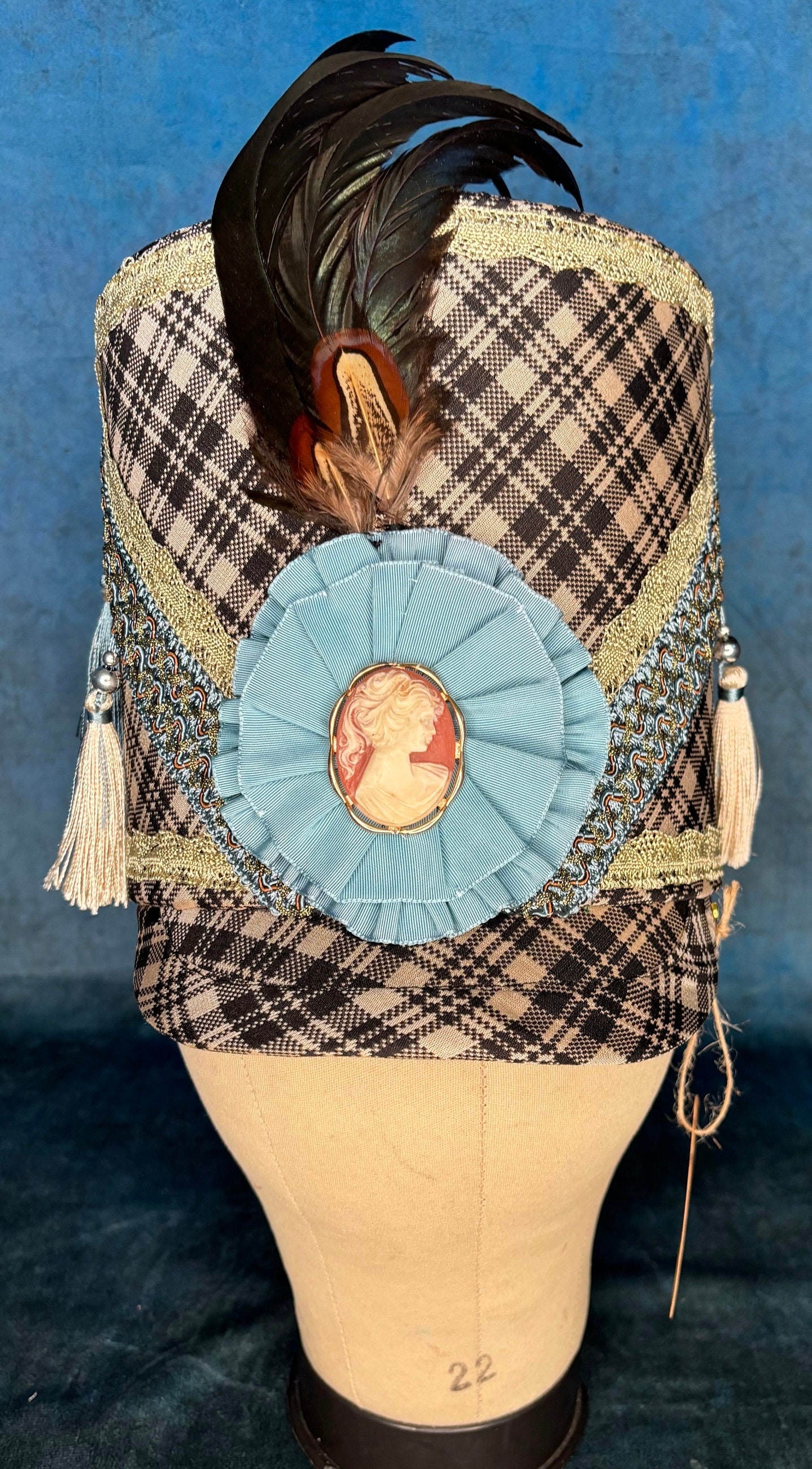 Regency Shako in Plaid silk antique tassel trim and cameo decor
