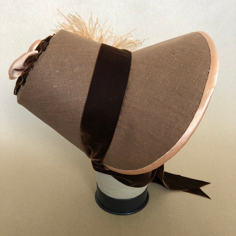 Regency Bonnet Jane Austen style in linen and antique velvet ribbon