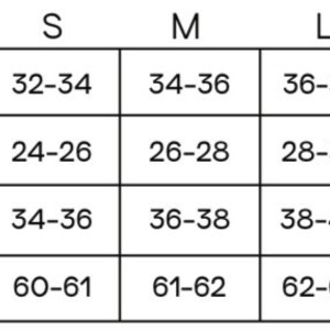 May include: A size chart with measurements in inches for XS to XXL. Measurements include full bust (30-42 in), waist (22-34 in), high hip (32-44 in), and torso (59-68 in).