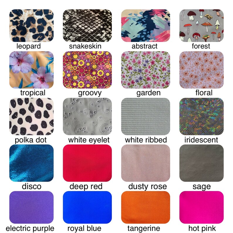 May include: A collection of fabric swatches with various patterns and textures. Designs include leopard print, snakeskin, abstract brushstrokes, and a forest of mushrooms. Other swatches feature floral, polka dot, and solid colors like red and purple.