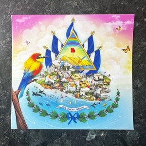 May include: A colorful illustration of the coat of arms of the Dominican Republic. The coat of arms features a blue triangle with a rainbow and a red heart, surrounded by a wreath of green leaves. The text "DIOS UNION LIBERTAD" is written on a white ribbon below the triangle. The background is a light blue sky with white clouds.